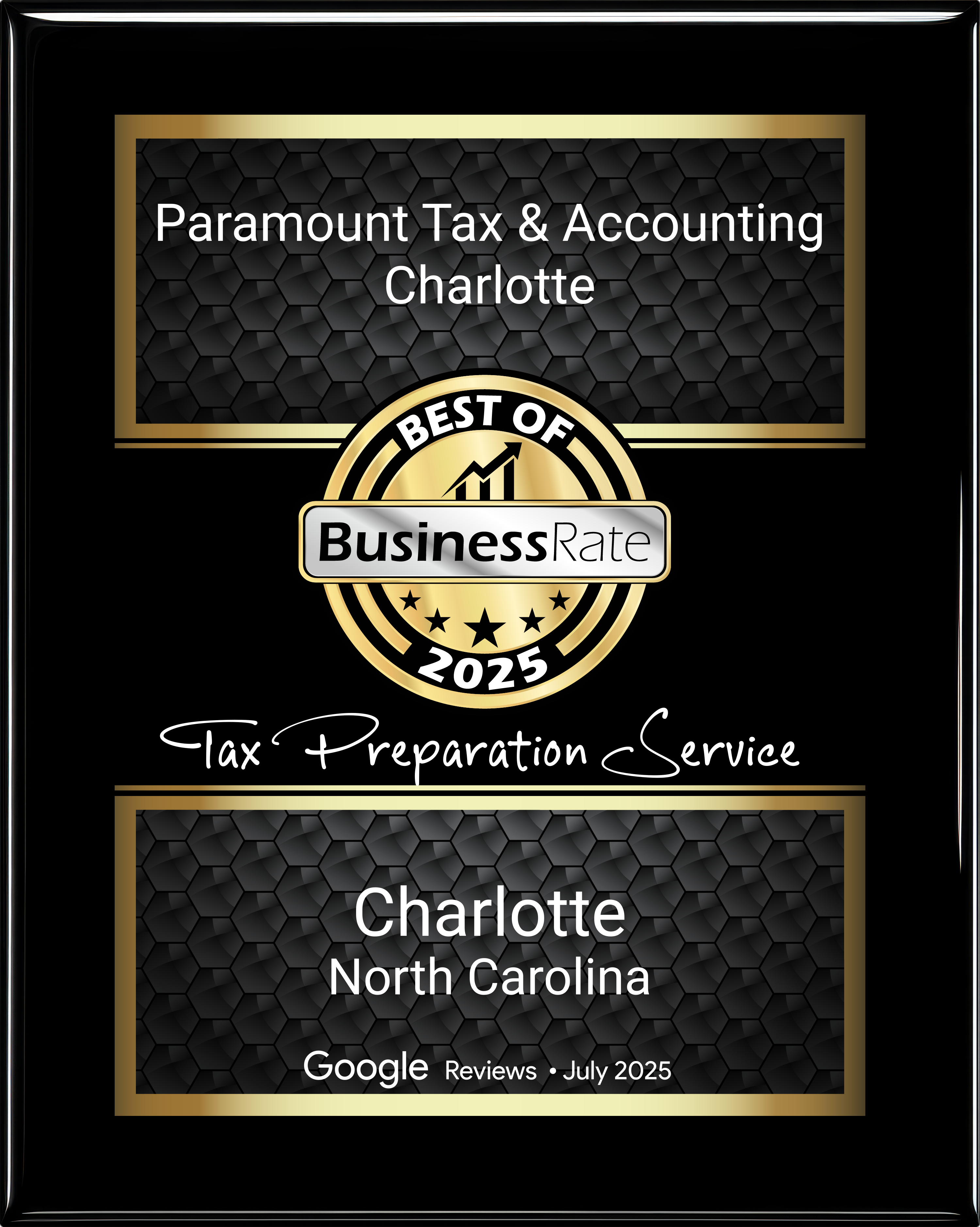 Paramount Tax & Accounting Charlotte award plaque